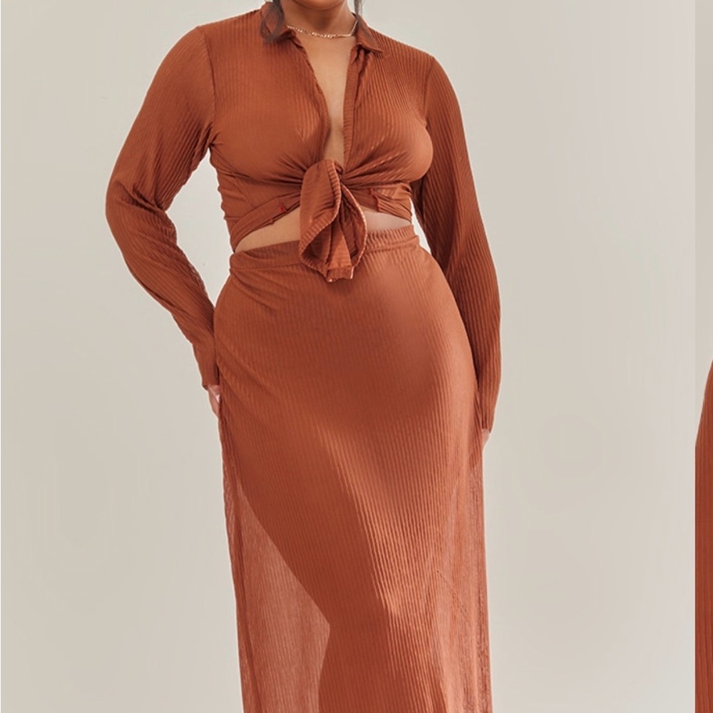 Rust Long Sleeve Tie-Front Two Piece Set PLT